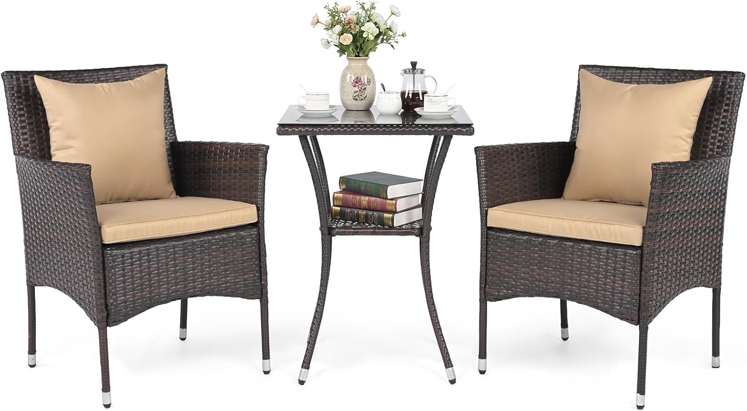Tangkula 3 Pieces Patio Wicker Bistro Set, 2 Rattan Chairs w/ 2-Tier Tempered Glass Table, Outdoor Conversation Furniture Set with Cushions for Backyard, Porch, Poolside (Mix Brown+Beige)