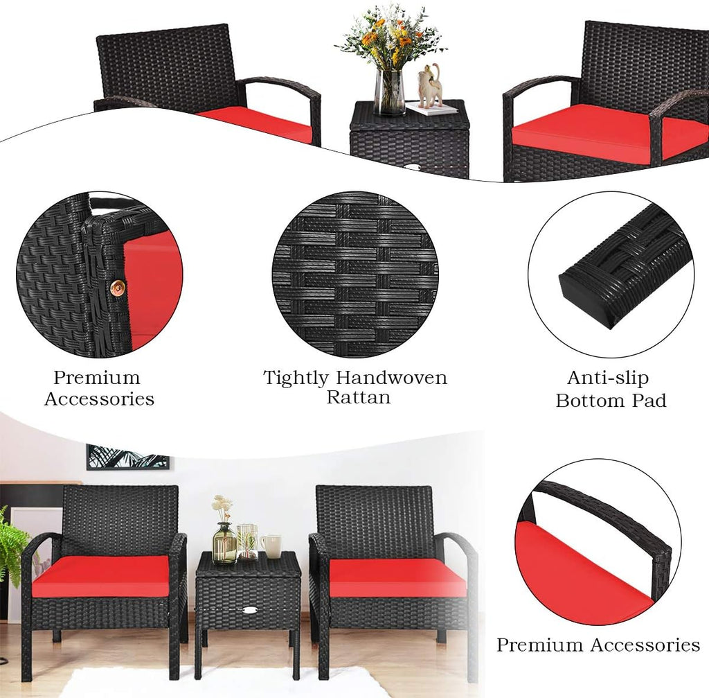 Tangkula 3 Pieces Patio Wicker Conversation Set, Outdoor Rattan Furniture with Washable Thick Cushion & Coffee Table w/Storage Space, Patio Furniture Set for Backyard Porch Garden Poolside (Red)