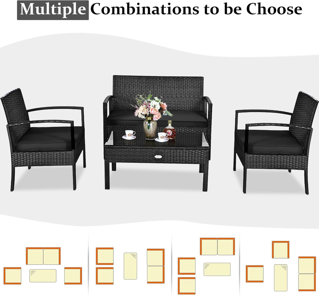HAPPYGRILL 4-Piece Patio Conversation Set Outdoor Rattan Wicker Sofa & Coffee Table Furniture Set for Patio Garden Poolside