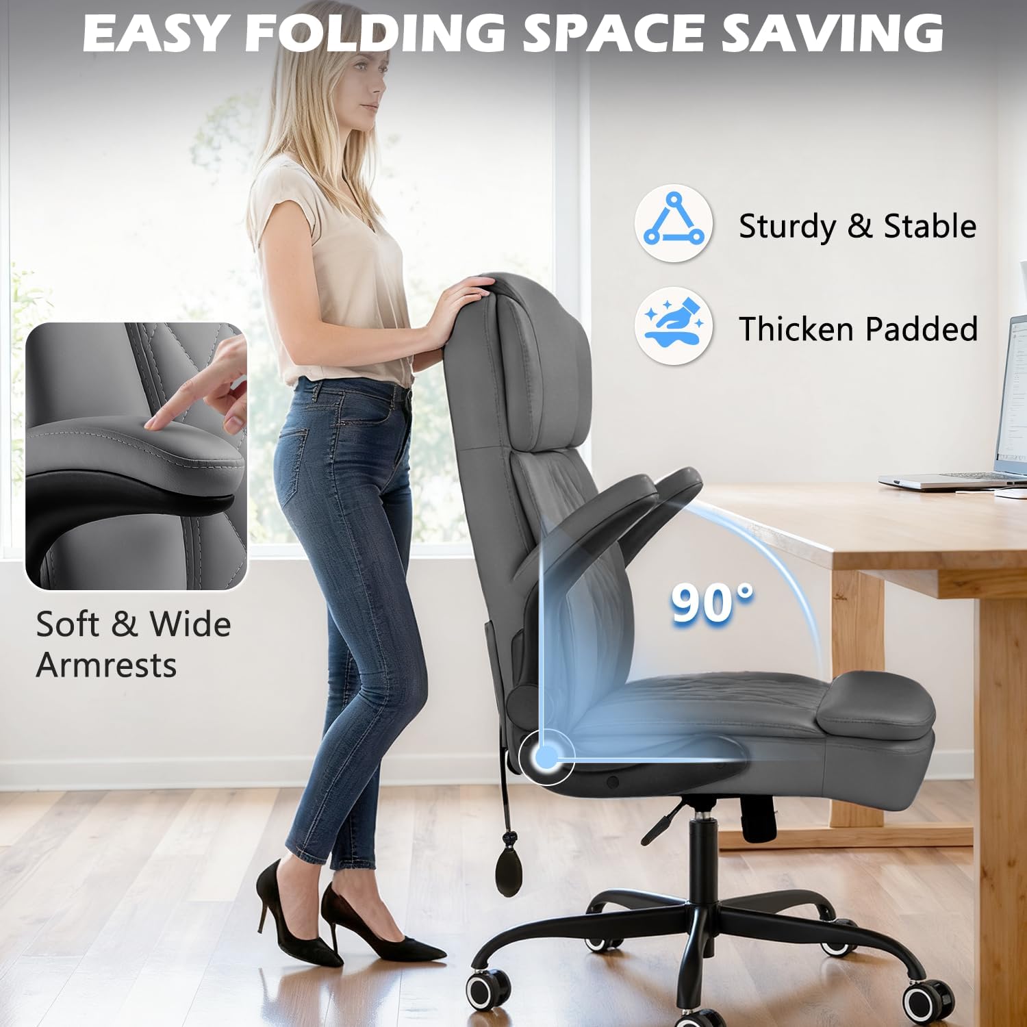 450 LBS Big and Tall Executive Office Chair with Flip up Arm, Heavy Duty Leather Computer Desk Chair,Comfortable High Back Swivel Home Office Chair with Rolling for Adults (Gray)