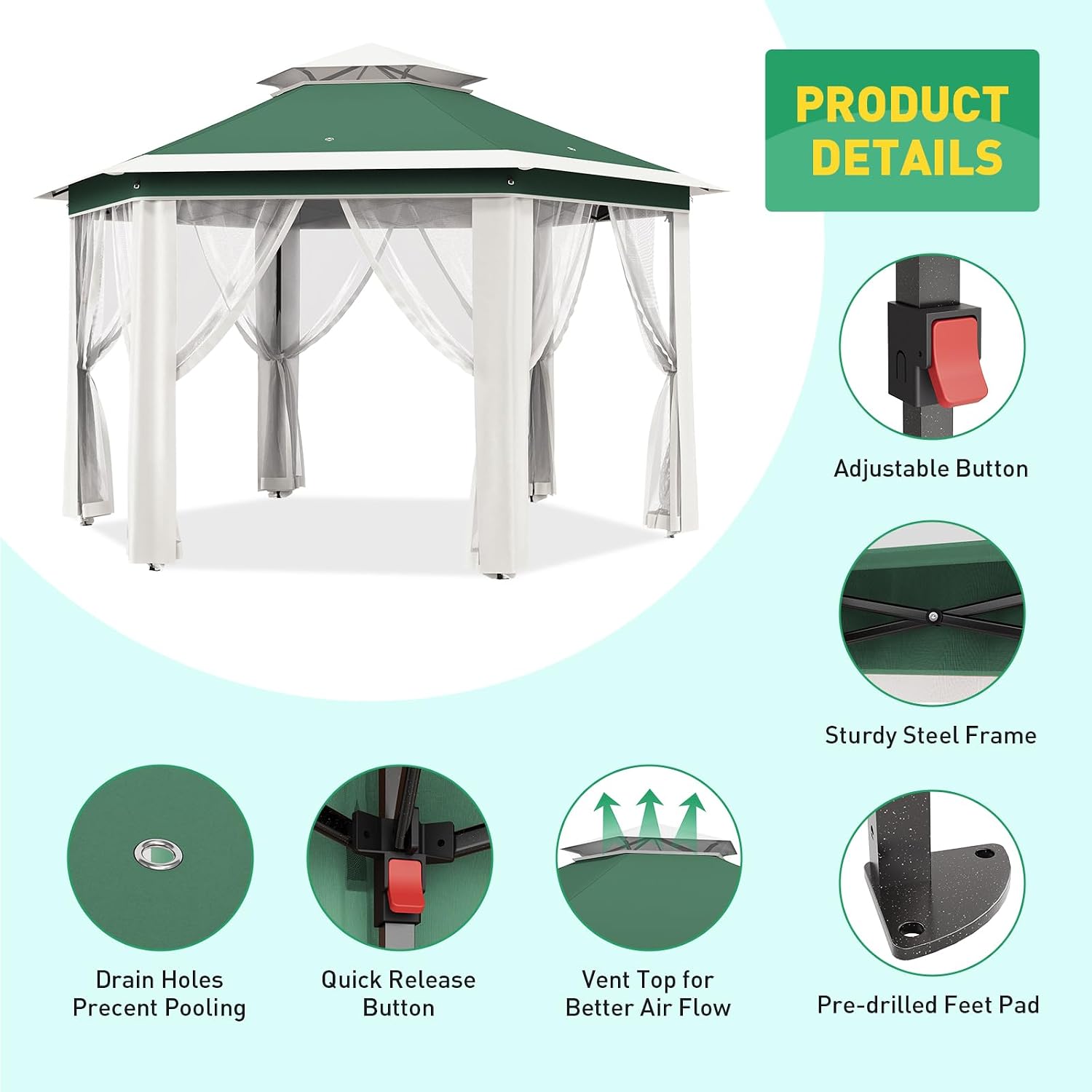 13'X13' Pop Up Gazebo,Patio Portable Gazebos with Mosquito Netting,Double-Layer Outdoor Canopy Tent,Hexagonal Pavilion for Garden Backyard Lawn & Deck,Heavy Duty Party