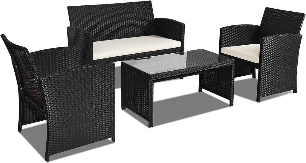 Goplus 4-Piece Rattan Patio Furniture Set, Outdoor Wicker Conversation Sofa with Weather Resistant Cushions and Tempered Glass Tabletop for Lawn Backyard Pool Garden (White(Black Wicker))