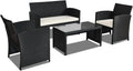 Goplus 4-Piece Rattan Patio Furniture Set, Outdoor Wicker Conversation Sofa with Weather Resistant Cushions and Tempered Glass Tabletop for Lawn Backyard Pool Garden (White(Black Wicker))