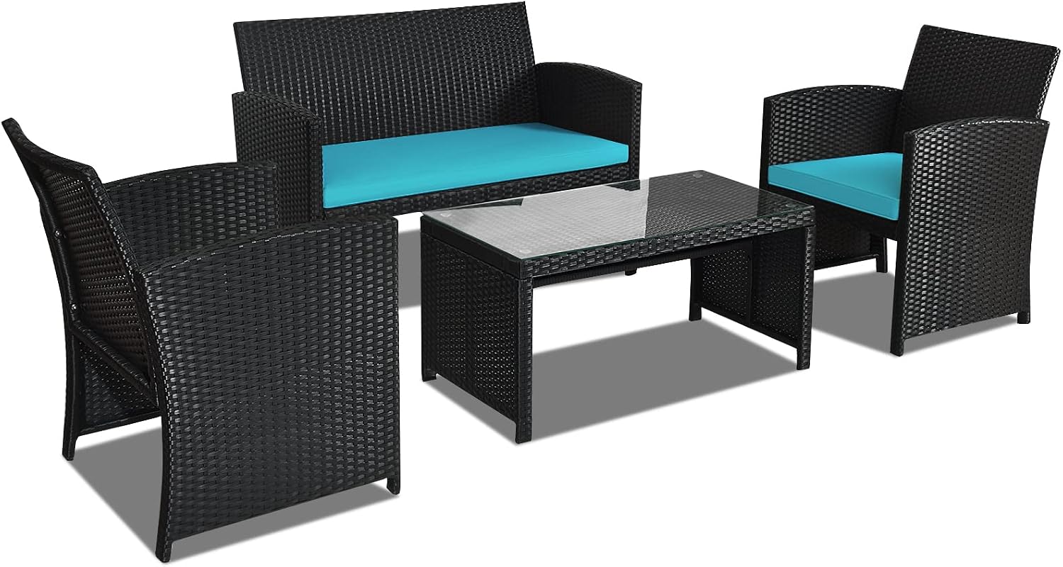 Goplus Rattan Patio Furniture Set 4 Pieces, Outdoor Wicker Conversation Sofa and Table Set with Soft Cushions & Tempered Glass Coffee Table for Balcony Garden Backyard (Turquoise)