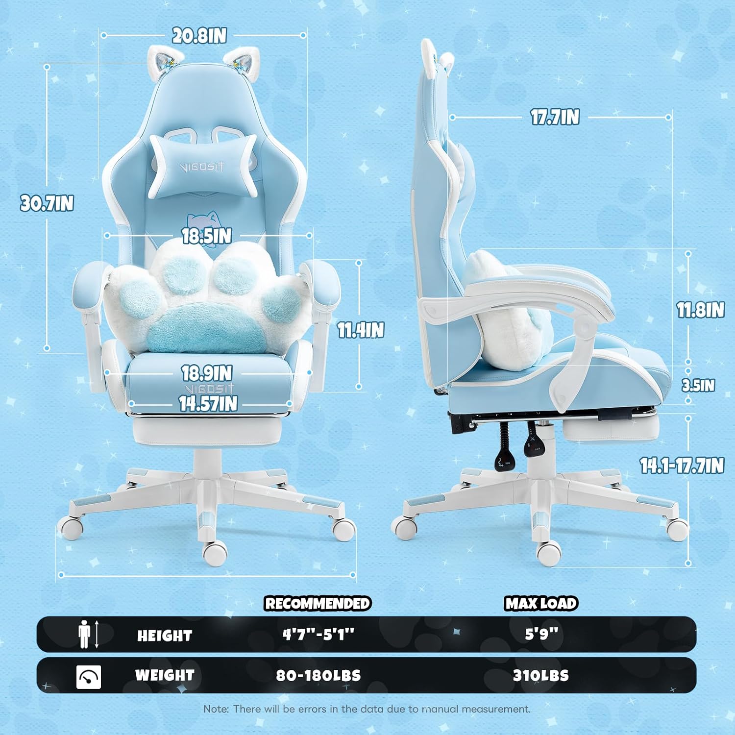 Vigosit Cat Ears Gaming Chair - Ergonomic PU Leather Office Chair, Cute Chair with Footrest for Adult 310lbs Capacity, 90°-155° Reclining paw Pillow, Blue