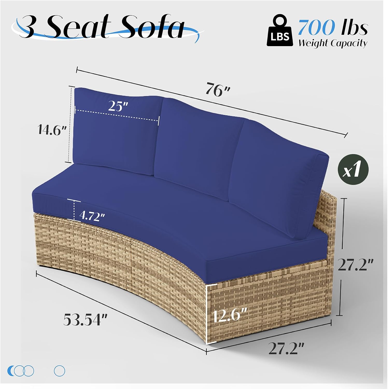 LUXOAK 3-Piece Wicker Patio Furniture Set, Waterproof Half-Moon Sectional Sofa with Cushions, Rattan Outdoor Conversation Set for Garden, Pool, Beach & Balcony, Blue