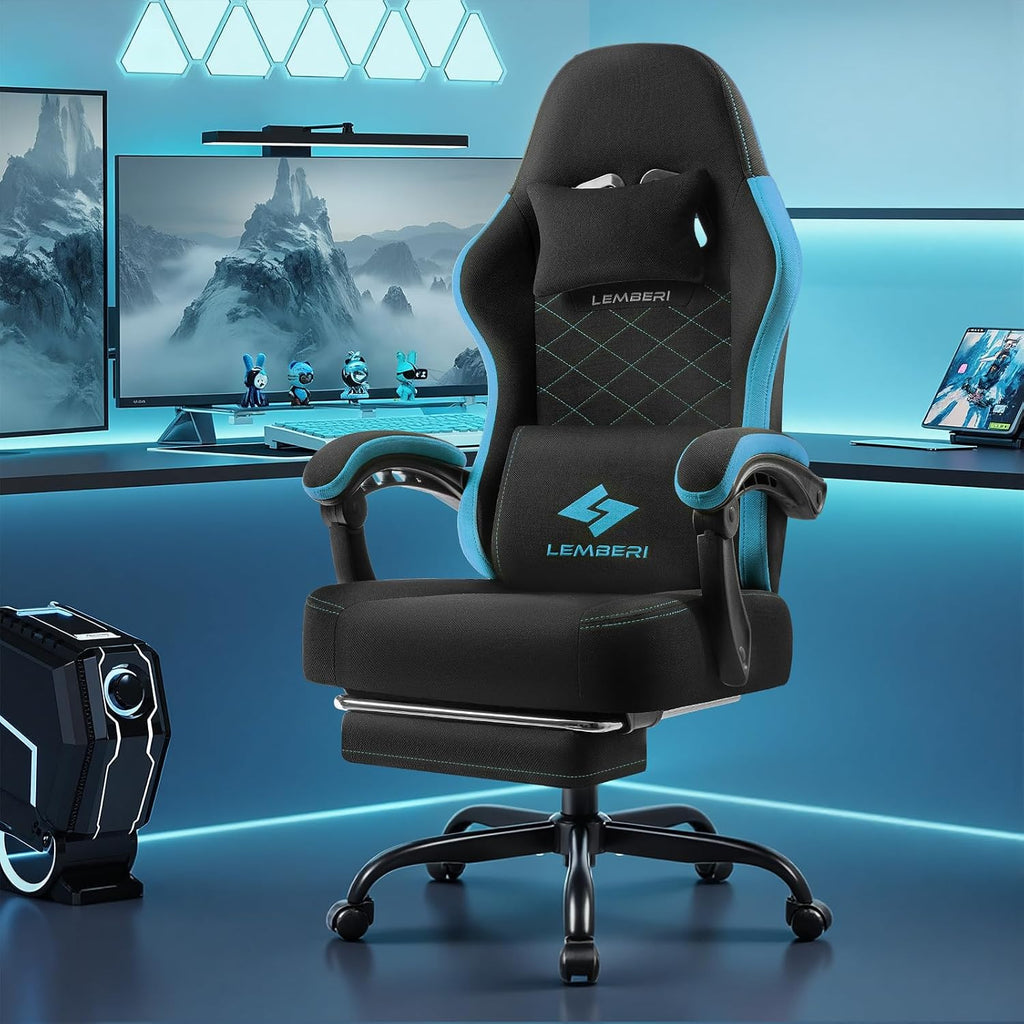 LEMBERI Gaming Chair, Fabric Big and Tall Video Game Chairs with Footrest, Massage Lumbar Support, Racing Style Ergonomic Computer Gamer Chair with Adjustable Headrest (Blue)