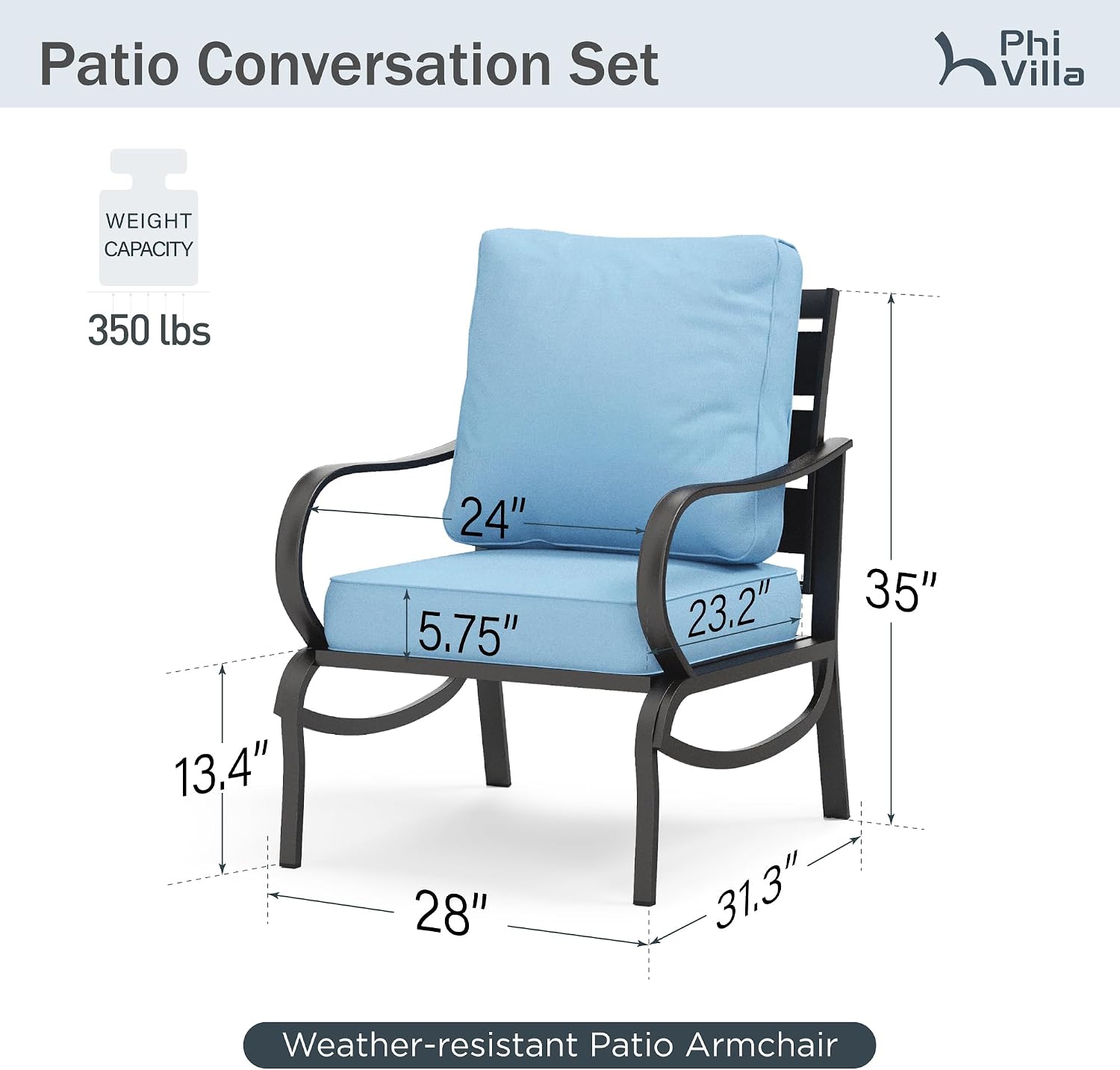 PHI VILLA Patio Metal Sofa Chair for 2, Deluxe Outdoor Patio Set with 2 Stable Padded Sofa Chair(Blue)