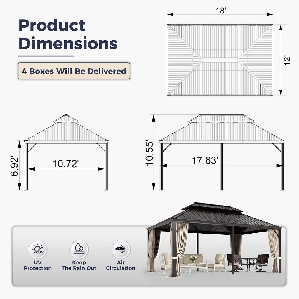 SUNSHINE VALLEY 12'x18' Hardtop Gazebo, Permanent Aluminum Outdoor Gazebo with Galvanized Steel Double Roof & Gutter System, Heavy Duty Patio Pavilion Canopy with Netting and Curtains for Deck, Garden