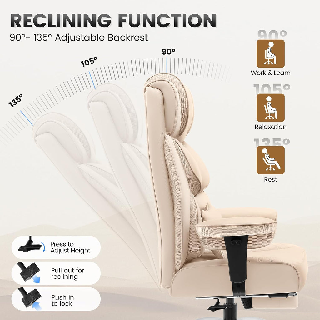 BestGlory Office Desk Chair, Big and Tall Leather Gaming Chair with Footrest, Wide Ergonomic Comfy Executive High-Back Reclining Computer Chairs, Swivel Rolling Wheels and Padded Lumbar Support, Beige