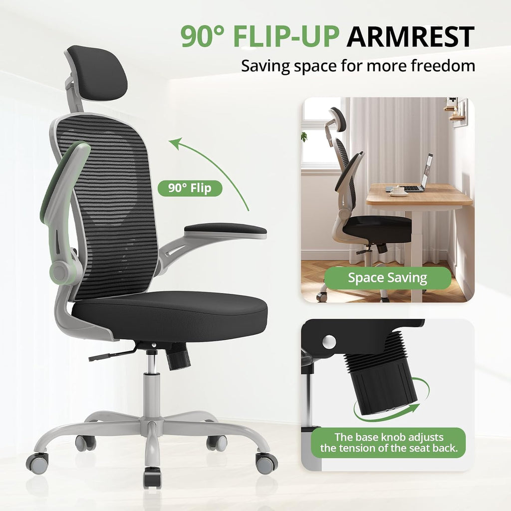 Office Chair Ergonomic Desk Chair, 330LBS Capacity, High Back Computer Design for Long Hours Comfort, Rolling Swivel for Home Office, Flip-up Armrests, Grey Black