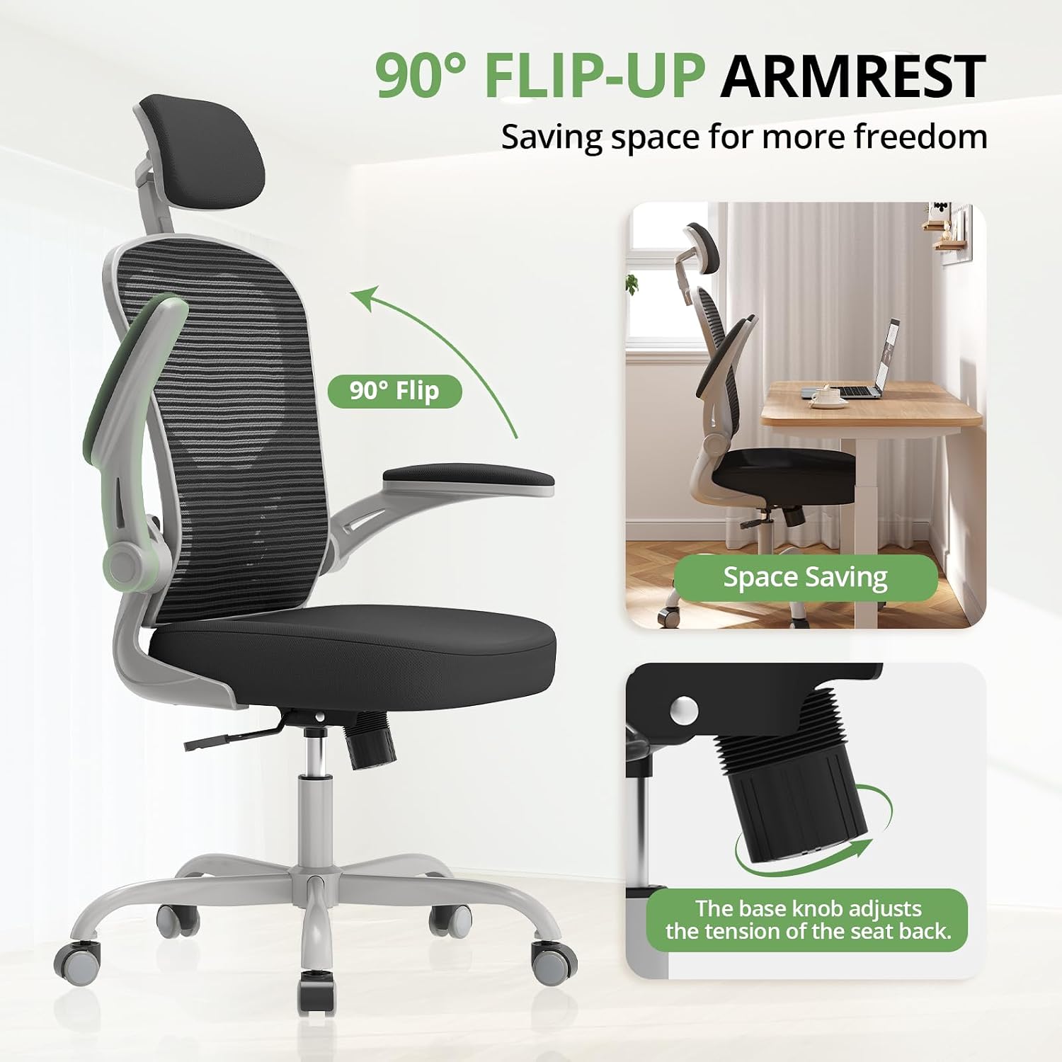 Office Chair Ergonomic Desk Chair, 330LBS Capacity, High Back Computer Design for Long Hours Comfort, Rolling Swivel for Home Office, Flip-up Armrests, Grey Black