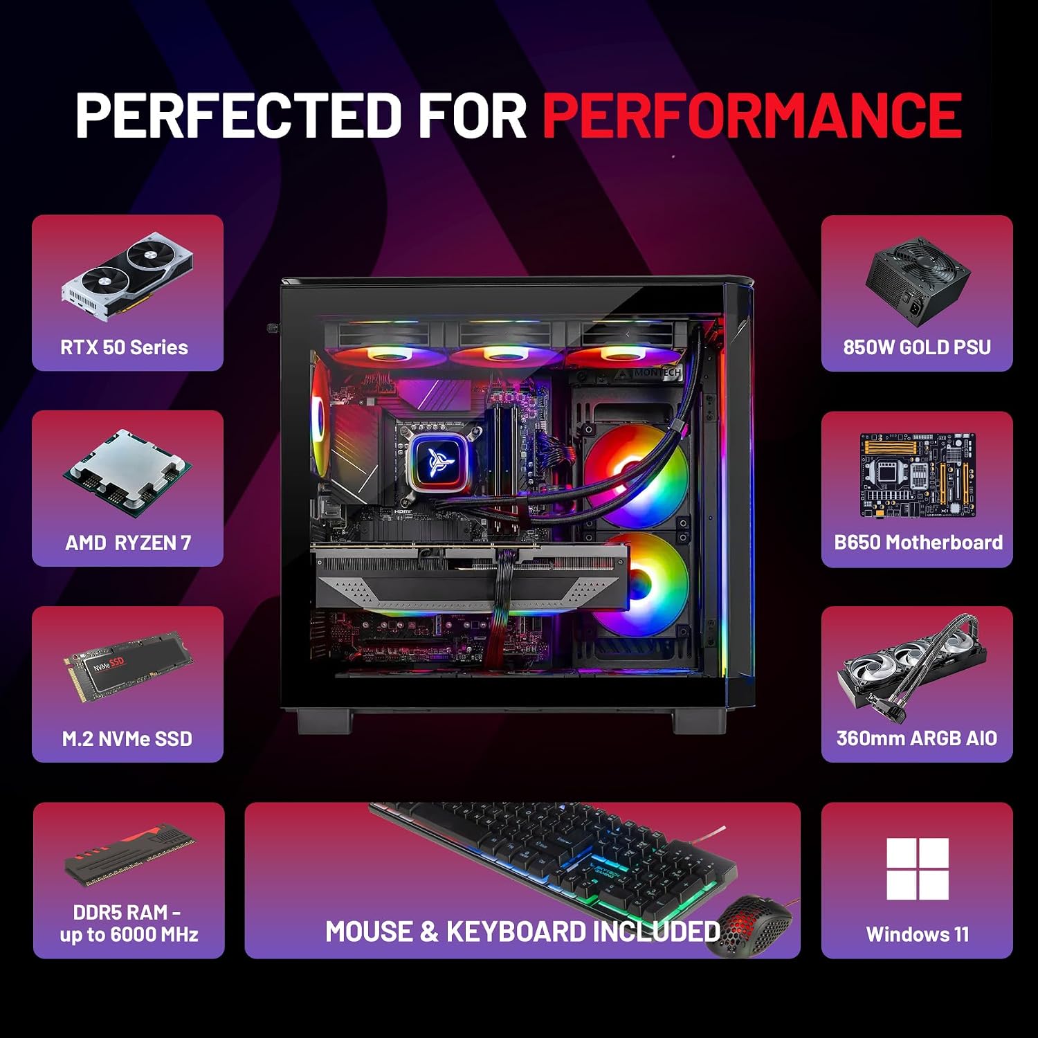 Skytech Gaming King 95 Gaming PC, AMD Ryzen 7 9850X3D 4.7GHz, NVIDIA RTX 5080 16GB VRAM, 2TB NVMe SSD, 32GB DDR5 RAM 6000, 850W Gold ATX 3 PSU, 360 ARGB AIO, WI-FI 5, Windows 11, Desktop
