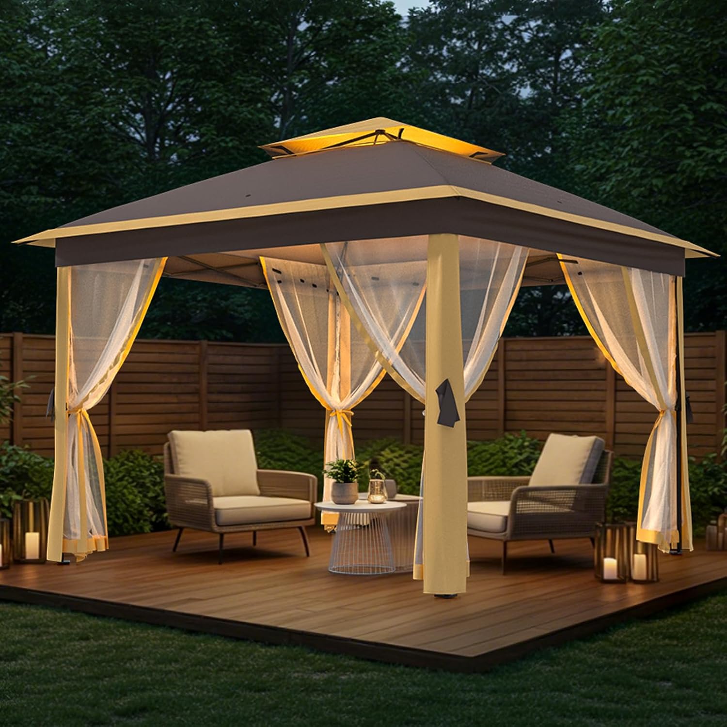 11x11 FT Outdoor Gazebo, Heavy Duty Pavilion With Sturdy Metal Frame & Double Roofs, Patio Shelter With Mosquito Netting, Ideal for Backyard, Garden, Lawn, Deck, Khaki/Brown