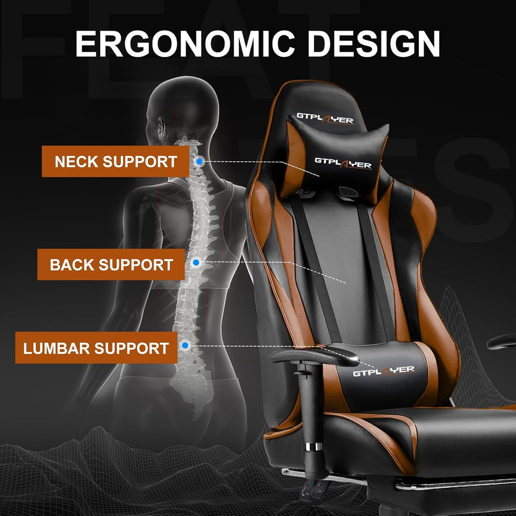 GTPLAYER Gaming Chair with Footrest, Ergonomic Computer Game Desk Chair, Recline Gaming Chair Seat Height Adjustment, Swivel Rocker with Headrest and Lumbar (Brown)