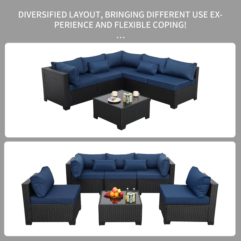 Rattaner Patio Sectional 6 Pieces All-Weather Wicker Patio Furniture Set Outdoor Sectional with Glass Table Non-Slip Cushions and Waterproof Cover, Navy Blue