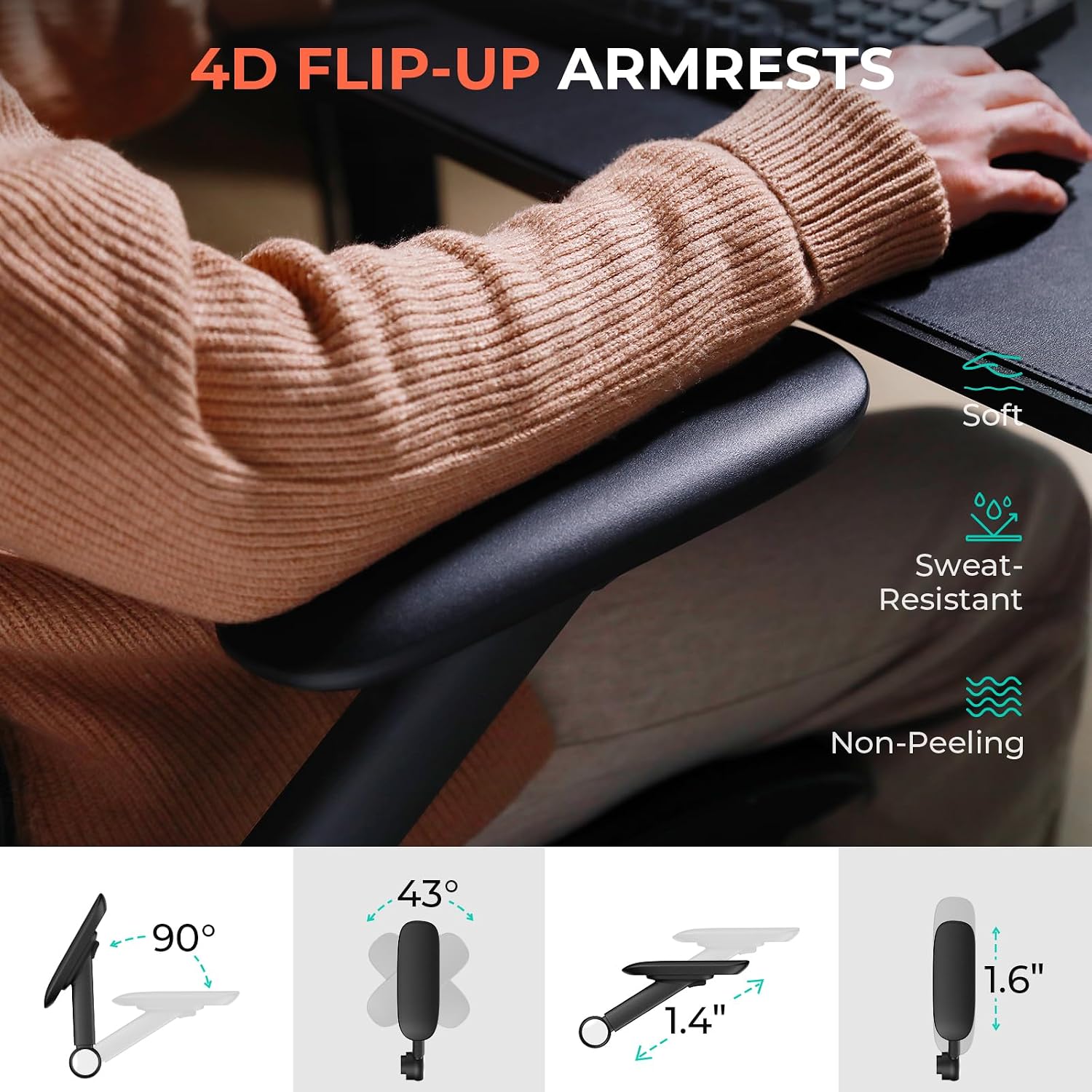 CAPOT Ergonomic Mesh Office Chair, Adjustable Lumbar High Back Desk Chair 400lbs, 4D Flip-up Arms, 3-Level Tilt Backrest, 3D Headrest, PU Wheels, Swivel Rolling Computer Seating for Long Desk Work