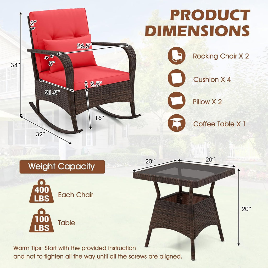 ORALNER 3 Pieces Patio Furniture Set, Outdoor Wicker Rocking Chairs with Cushions, Pillows, Glass Coffee Table, Rattan Bistro Rocker Set for Balcony Front Porch Poolside Garden Deck Yard (Red)