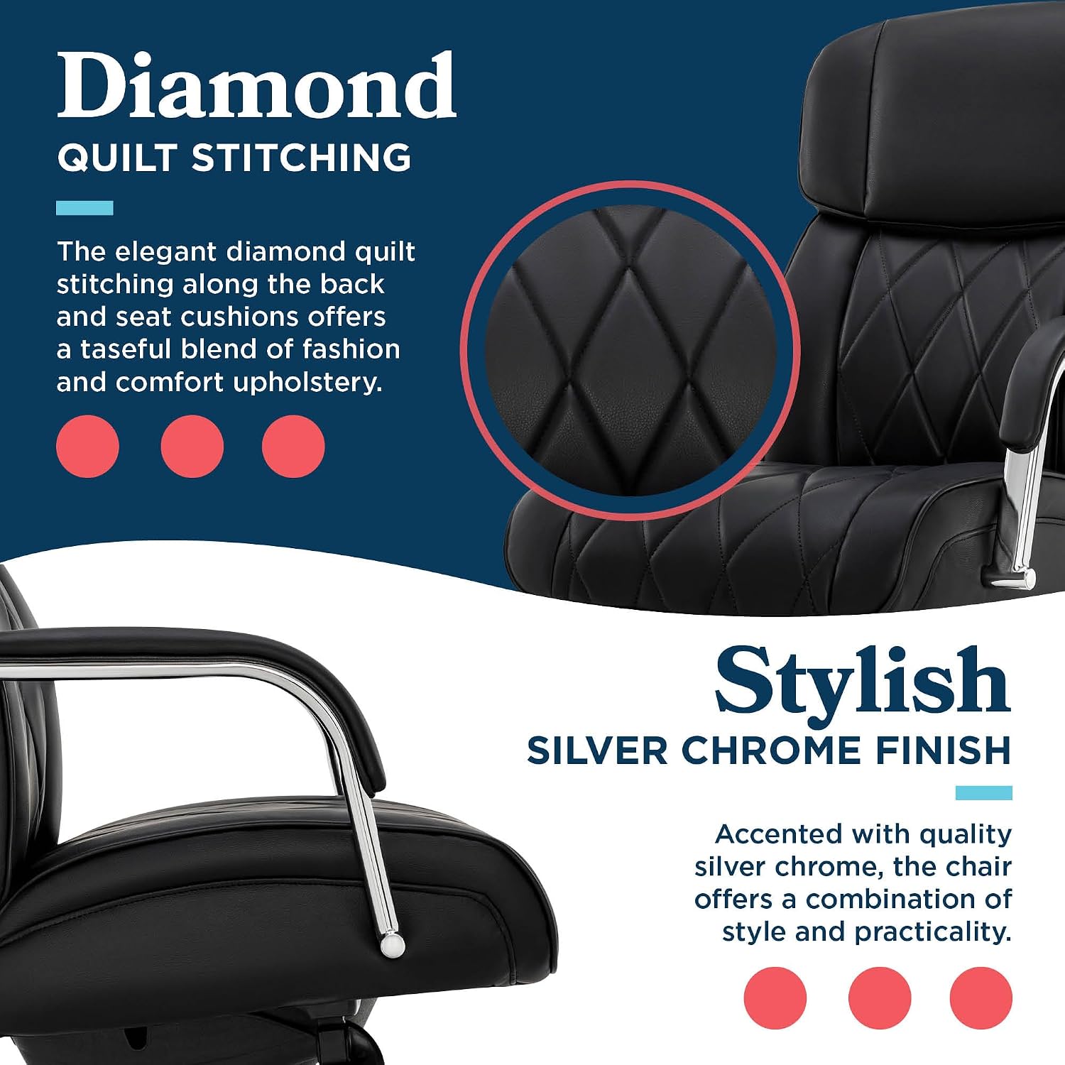 La-Z-Boy Symphony Executive Mid-Back Office Chair, Diamond Quilt Seat and Back, Pocket Coil Cushion, Padded Armrests, Ergonomic Computer DeskChair, Swivel Metal Base, Bonded Leather, Black/Chrome