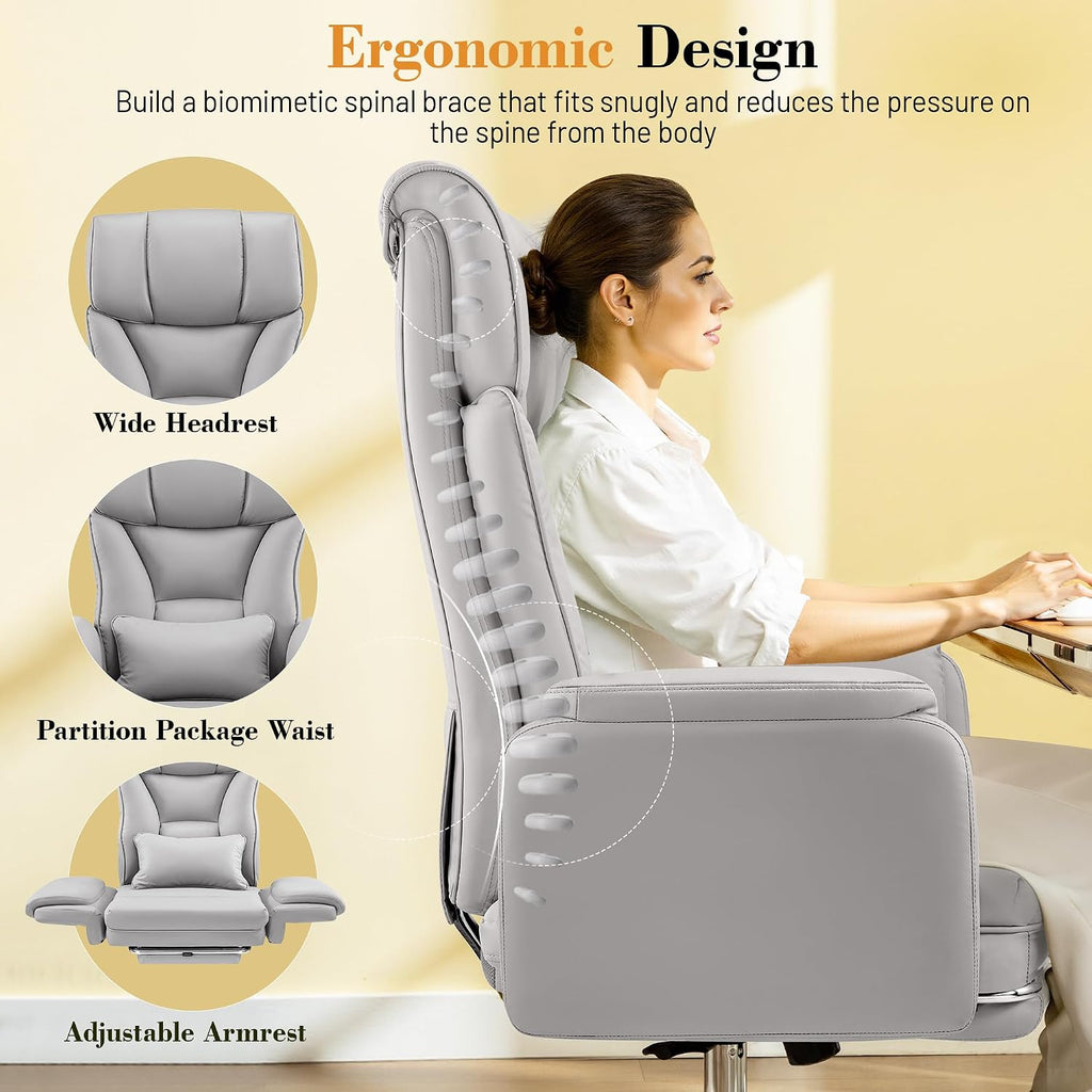 FelixKing Big and Tall Office Chair, 400LBS Wide Leather Executive Chair, Reversible Armrest for Pets Criss Cross Legged, 135° Reclining High Back Gaming Desk Chair with Lumbar Support Footrest, Gray