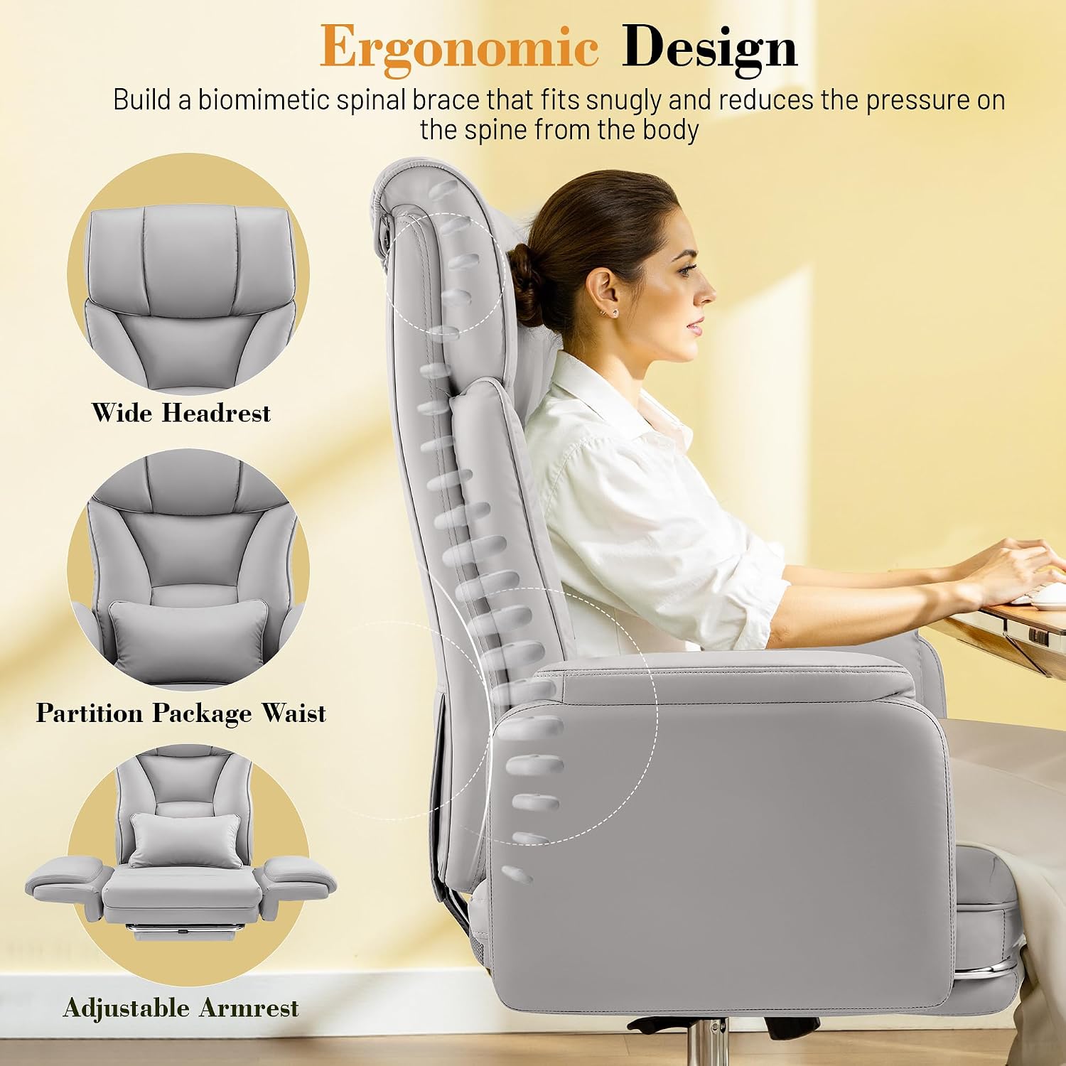 FelixKing Big and Tall Office Chair, 400LBS Wide Leather Executive Chair, Reversible Armrest for Pets Criss Cross Legged, 135° Reclining High Back Gaming Desk Chair with Lumbar Support Footrest, Gray