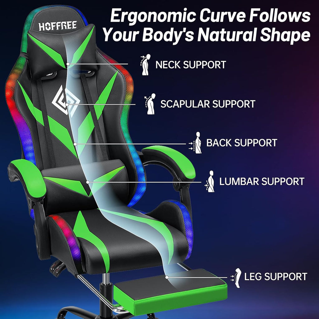 HOFFREE RGB Gaming Chair with Speakers and Massage Ergonomic Computer Chair with Lights and Footrest Reclining Video Game Chairs for Adults Green and Black