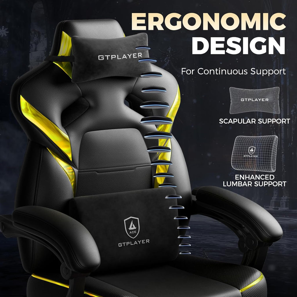 GTPLAYER Big and Tall Gaming Chair for Adults, Ergonomic Office Chair with Footrest, Heavy Duty 350 lbs Capacity, High Back, Premium Leather & Iridescent Trim, ACE-Armor, Yellow (Iridescent)