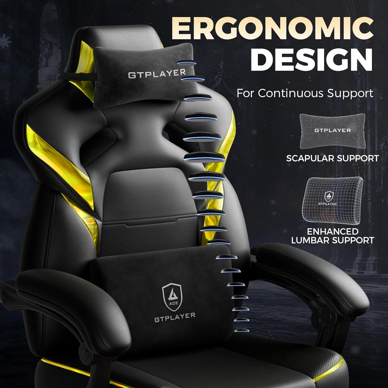 GTPLAYER Big and Tall Gaming Chair for Adults, Ergonomic Office Chair with Footrest, Heavy Duty 350 lbs Capacity, High Back, Premium Leather & Iridescent Trim, ACE-Armor, Yellow (Iridescent)
