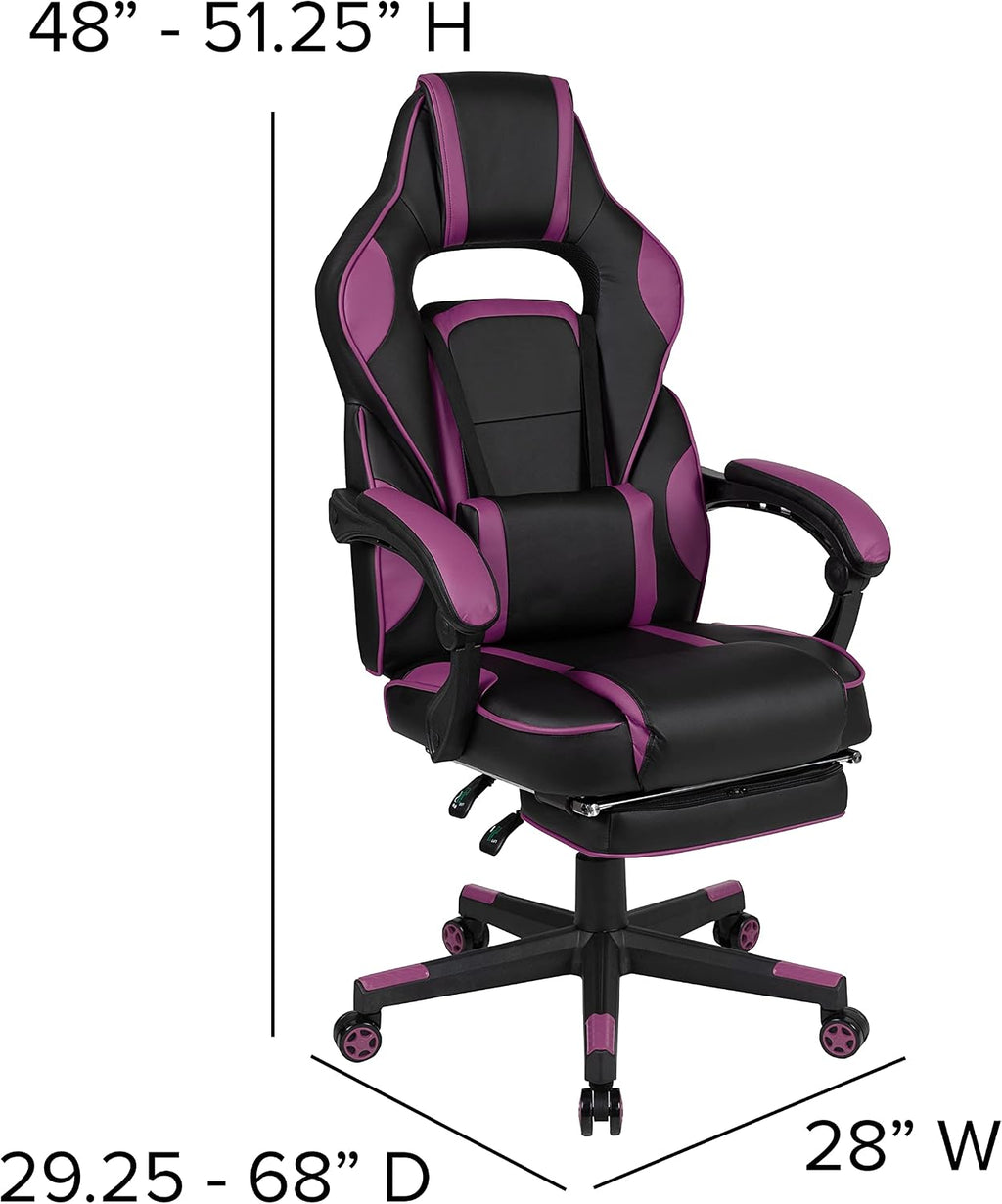 EMMA + OLIVER Black/Purple Ergonomic Gaming Chair -Recline Back/Arms, Footrest, Massaging Lumbar