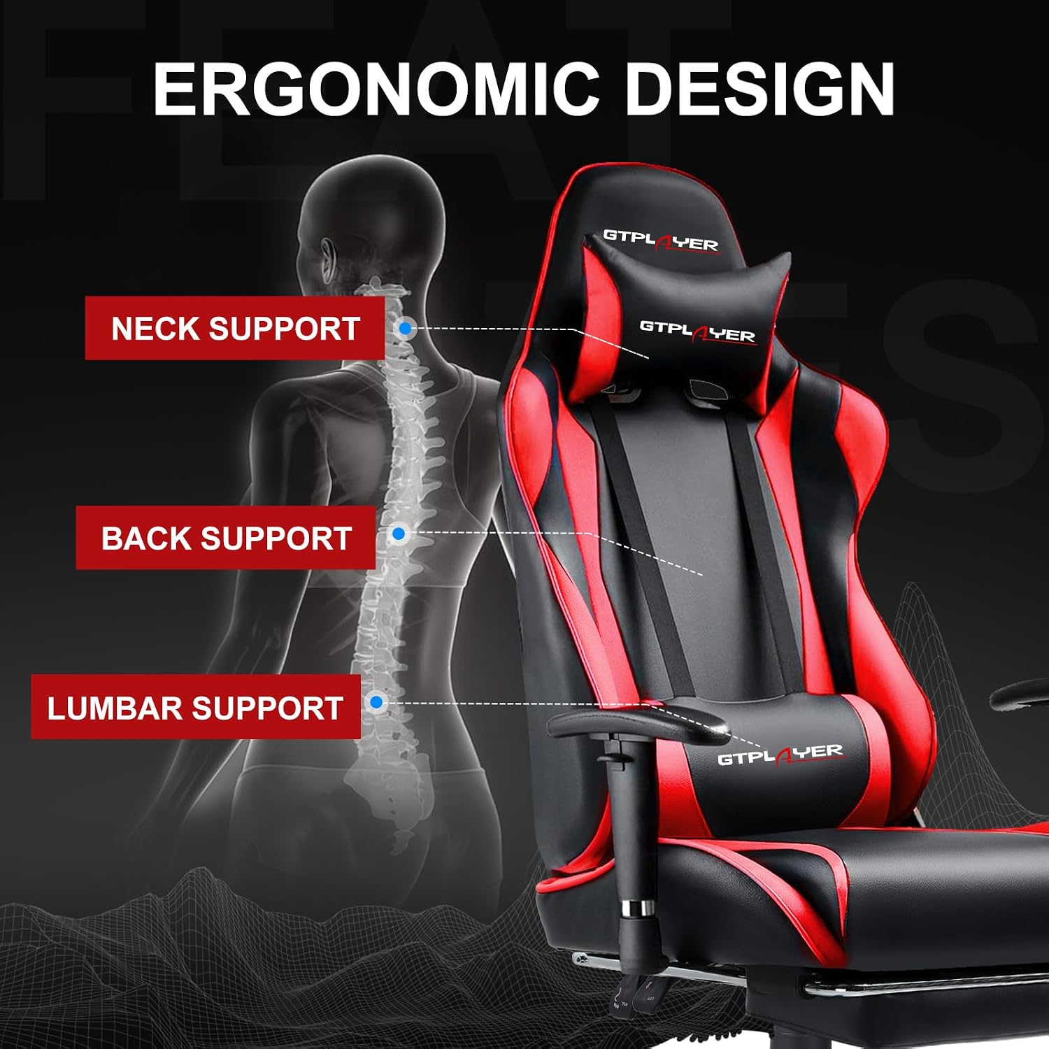 GTPLAYER Gaming Chair with Footrest, Ergonomic Computer Game Desk Chair, Recline Gaming Chair Seat Height Adjustment, Swivel Rocker with Headrest and Lumbar (RED)