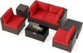 Tangkula 7 Pieces Wicker Patio Furniture Set with 40,000 BTU Gas Fire Pit Table & Propane Tank Cover Table & Glass Top Coffee Table, for Garden, Backyard and Poolside (Red)