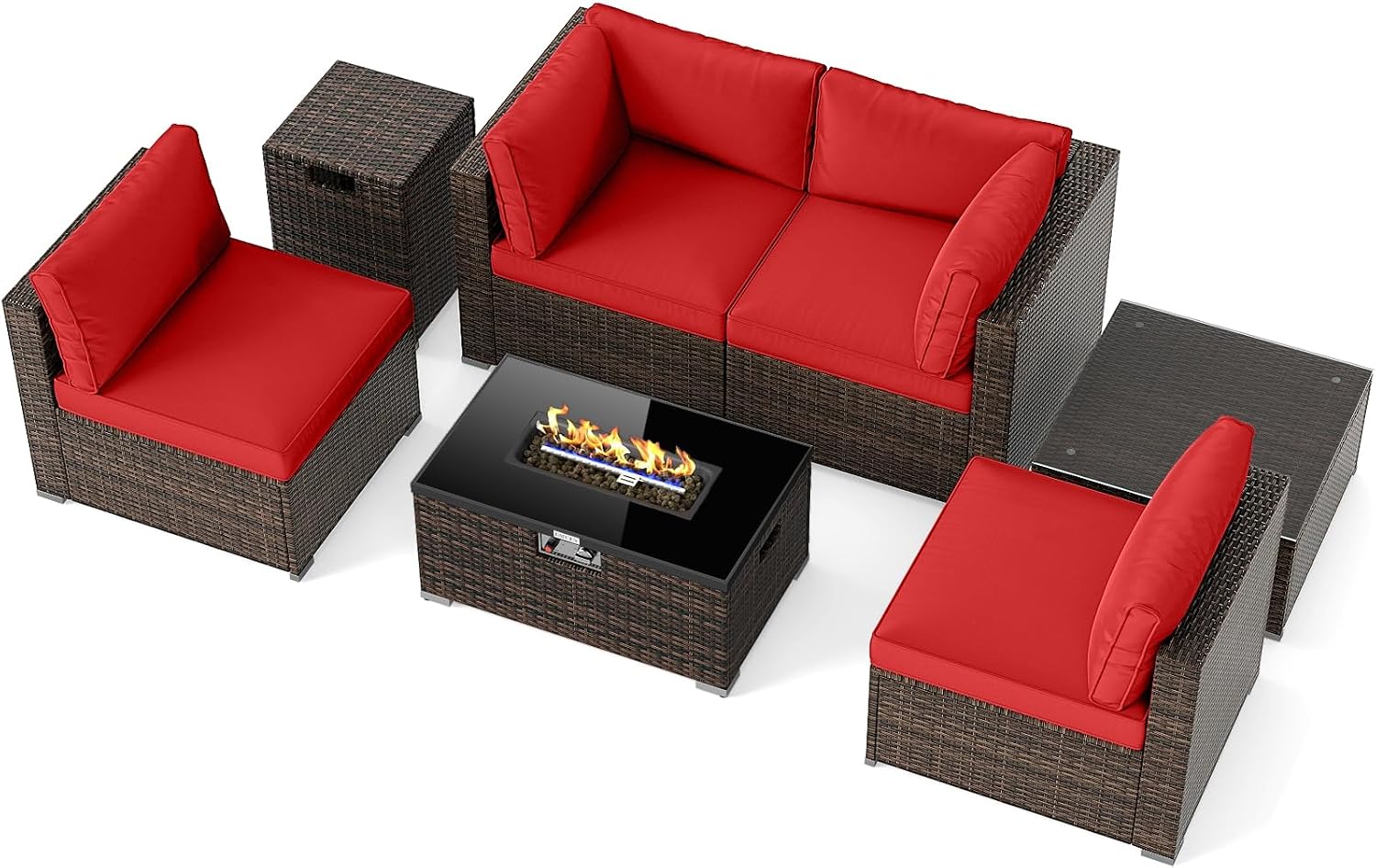 Tangkula 7 Pieces Wicker Patio Furniture Set with 40,000 BTU Gas Fire Pit Table & Propane Tank Cover Table & Glass Top Coffee Table, for Garden, Backyard and Poolside (Red)