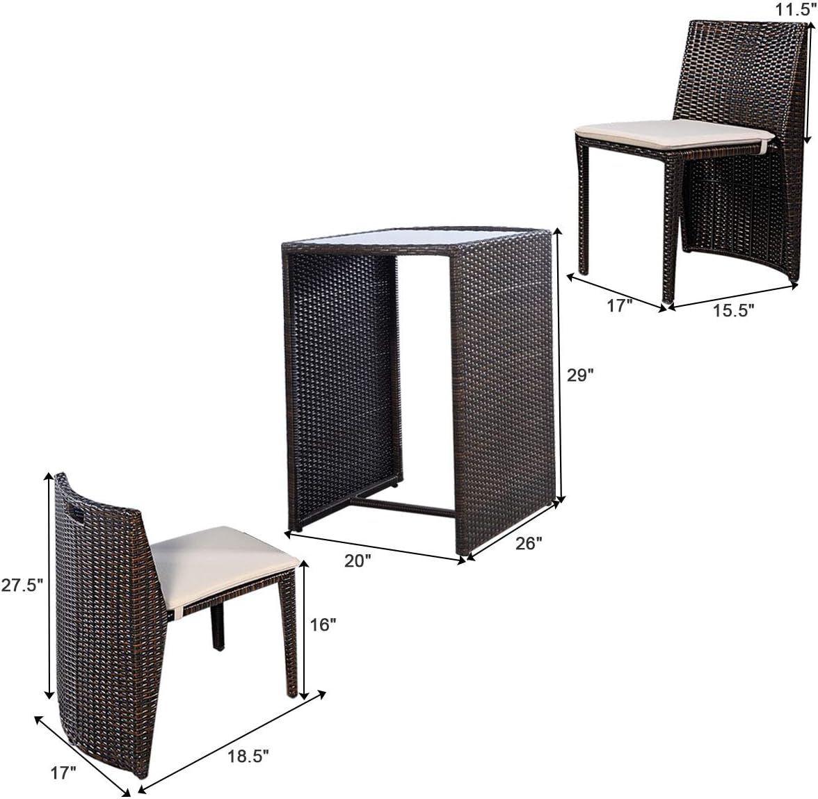 Giantex 3 PCS Cushioned Outdoor Wicker Patio Set Convention Bistro Set Garden Lawn Space Saving Conversation Sofa Furniture No Assembly (Brown)