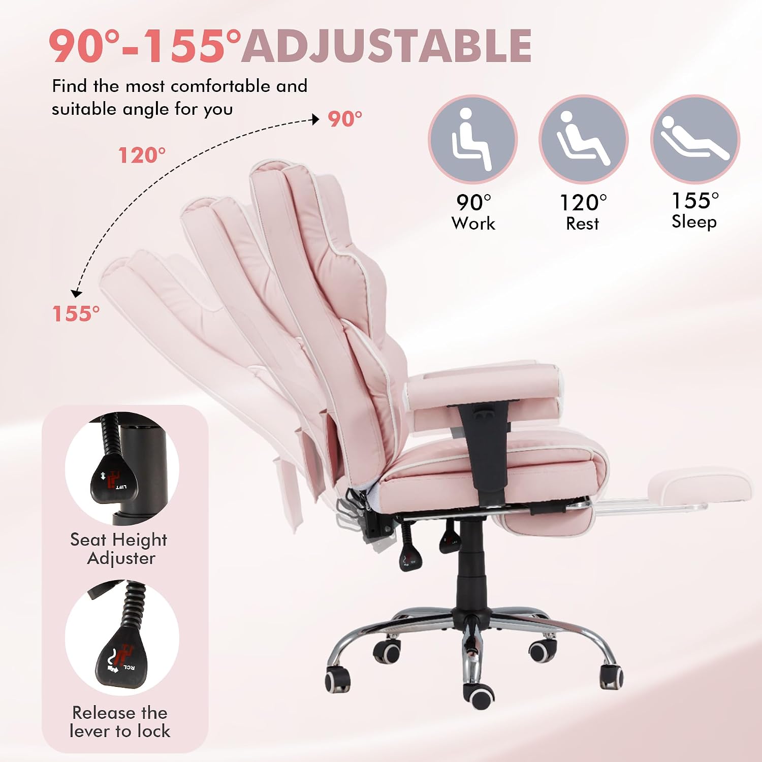 HOMREST 6-Point Massage Executive Chair,Heat Office Chair,Ergonomic Home Office Desk Chairs with Retractable Footrest and Reclining Function,Leather Computer Chair with Adjustable Armrest(‌Pink)