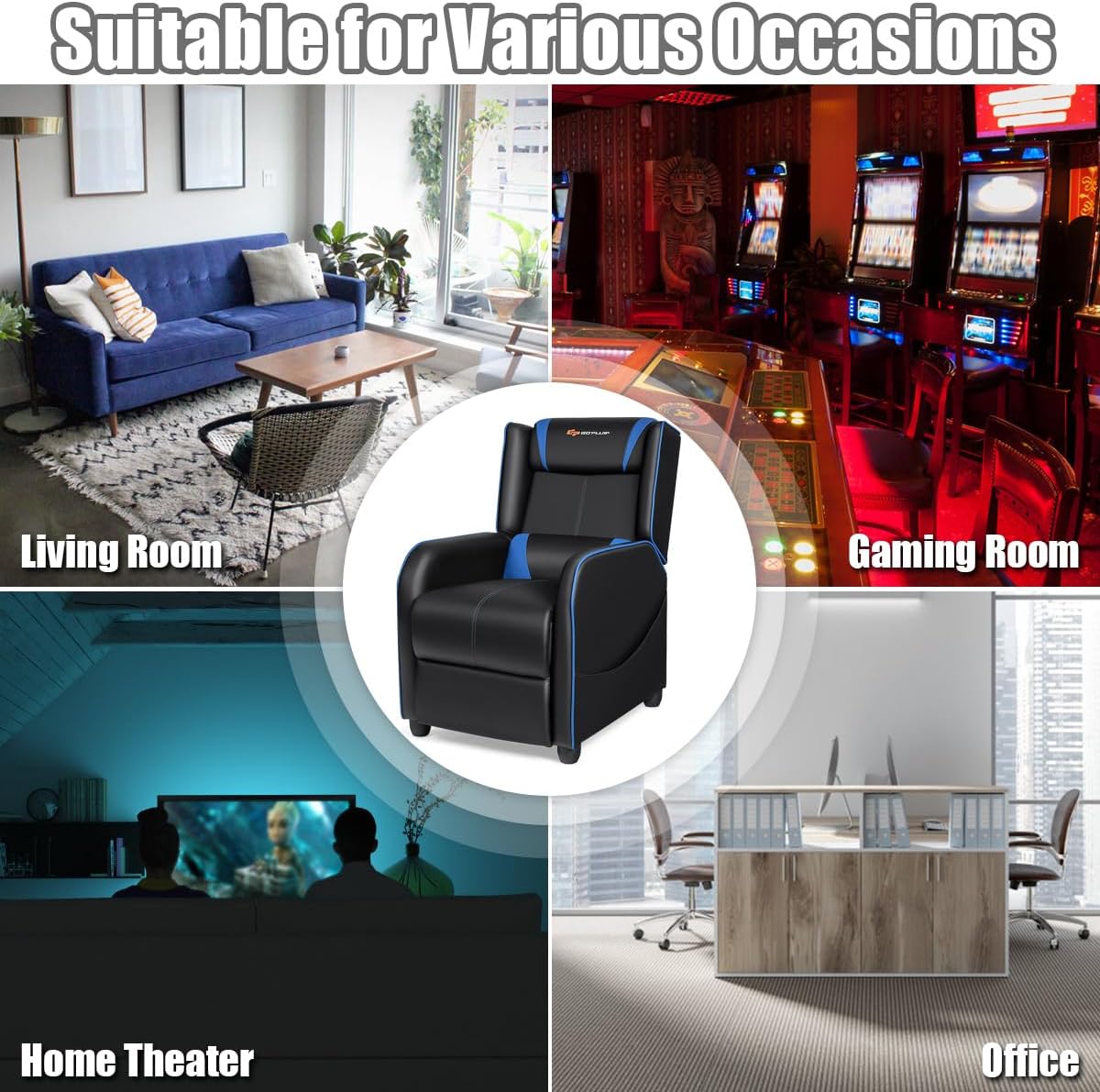 Goplus Massage Gaming Recliner Chair, Racing Style PU Leather Single Recliner Sofa with Footrest, Adjustable Modern Living Room Recliners, Ergonomic Home Theater Recliner Seat (Blue)