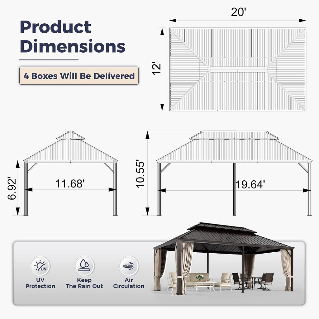 SUNSHINE VALLEY 12'x20' Hardtop Gazebo, Permanent Aluminum Outdoor Gazebo with Galvanized Steel Double Roof & Gutter System, Heavy Duty Patio Pavilion Canopy with Netting and Curtains for Deck, Garden