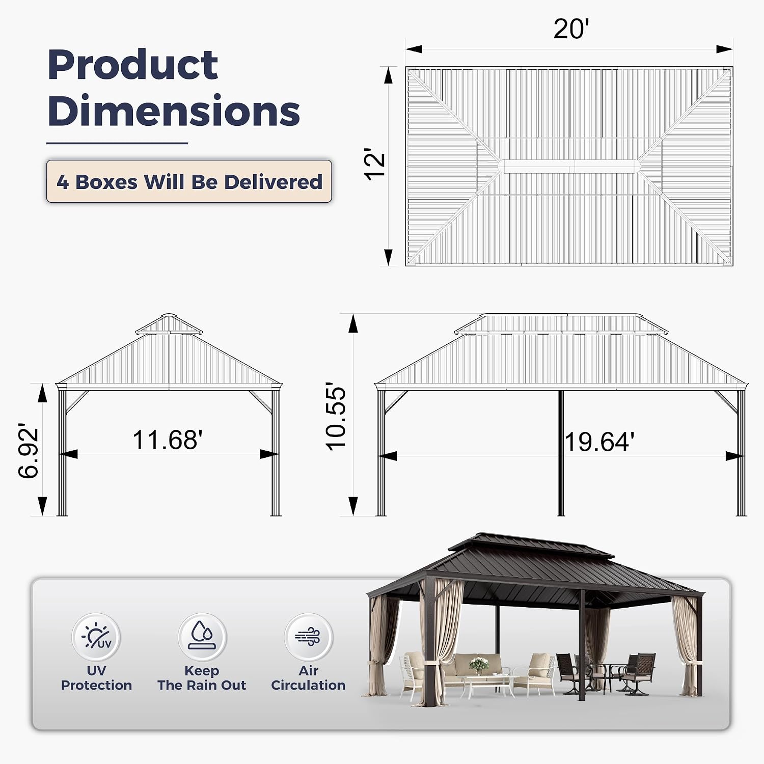 SUNSHINE VALLEY 12'x20' Hardtop Gazebo, Permanent Aluminum Outdoor Gazebo with Galvanized Steel Double Roof & Gutter System, Heavy Duty Patio Pavilion Canopy with Netting and Curtains for Deck, Garden