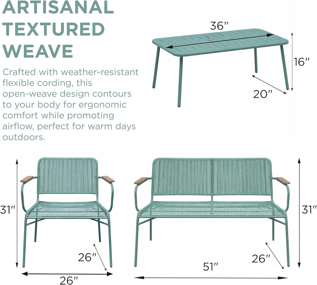 Alpine Corporation VTFAM170A 4-Piece Outdoor Rope Woven Patio Conversation Set – Sofa Bench, 2 Armchairs & Coffee Table – Modern Metal Frame with Wood Armrests – Indoor/Outdoor Seating Set