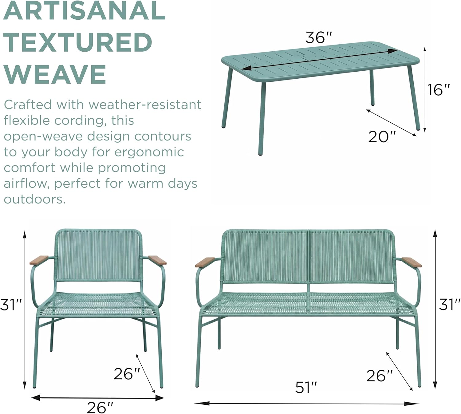 Alpine Corporation VTFAM170A 4-Piece Outdoor Rope Woven Patio Conversation Set – Sofa Bench, 2 Armchairs & Coffee Table – Modern Metal Frame with Wood Armrests – Indoor/Outdoor Seating Set
