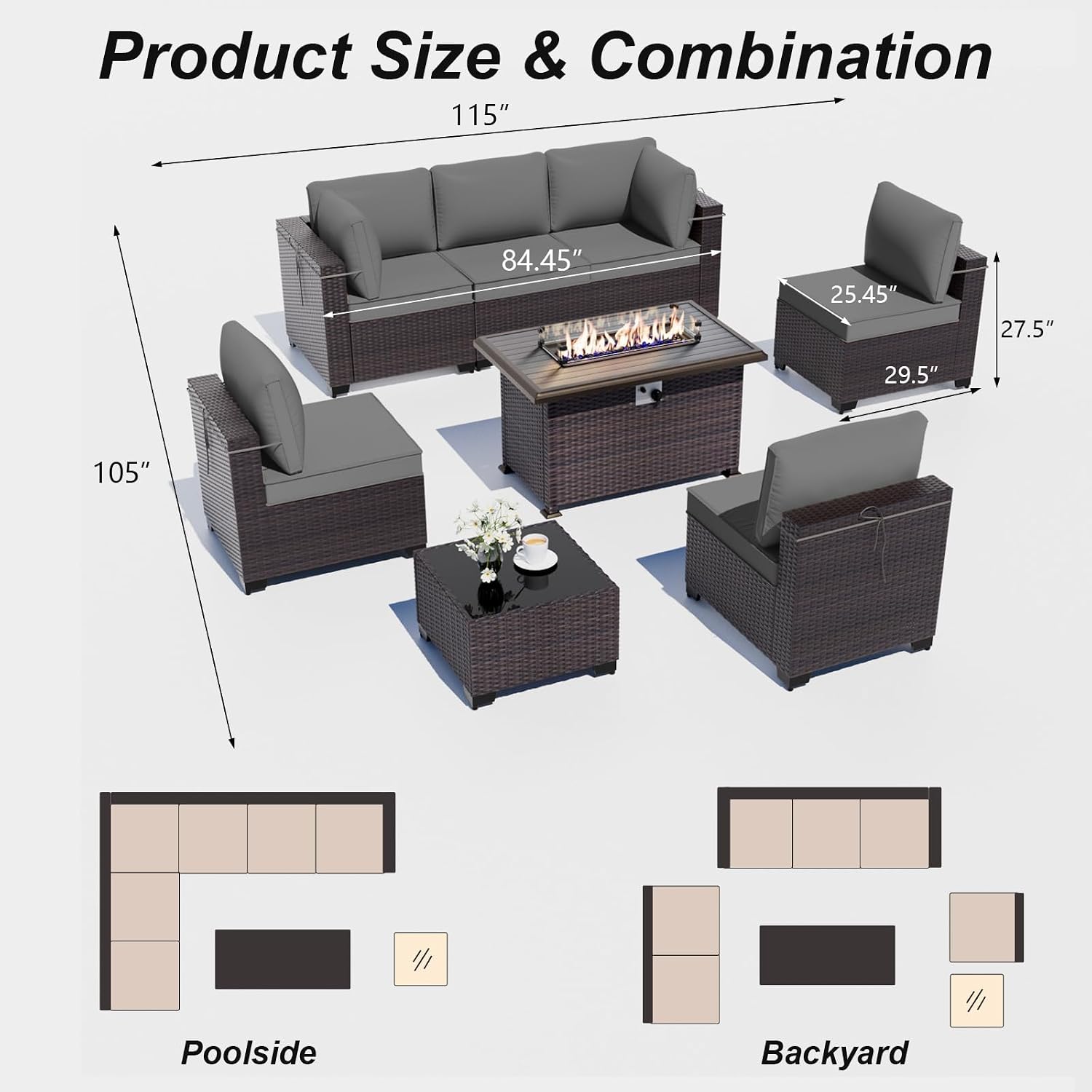 ALAULM Patio Furniture Set with Fire Pit Table 55000 BTU, Outdoor Sectional with Wide Seat and Thick Cushion, 8 Piece Wicker Rattan Conversation Set with Coffee Table for Garden, Deck, Grey
