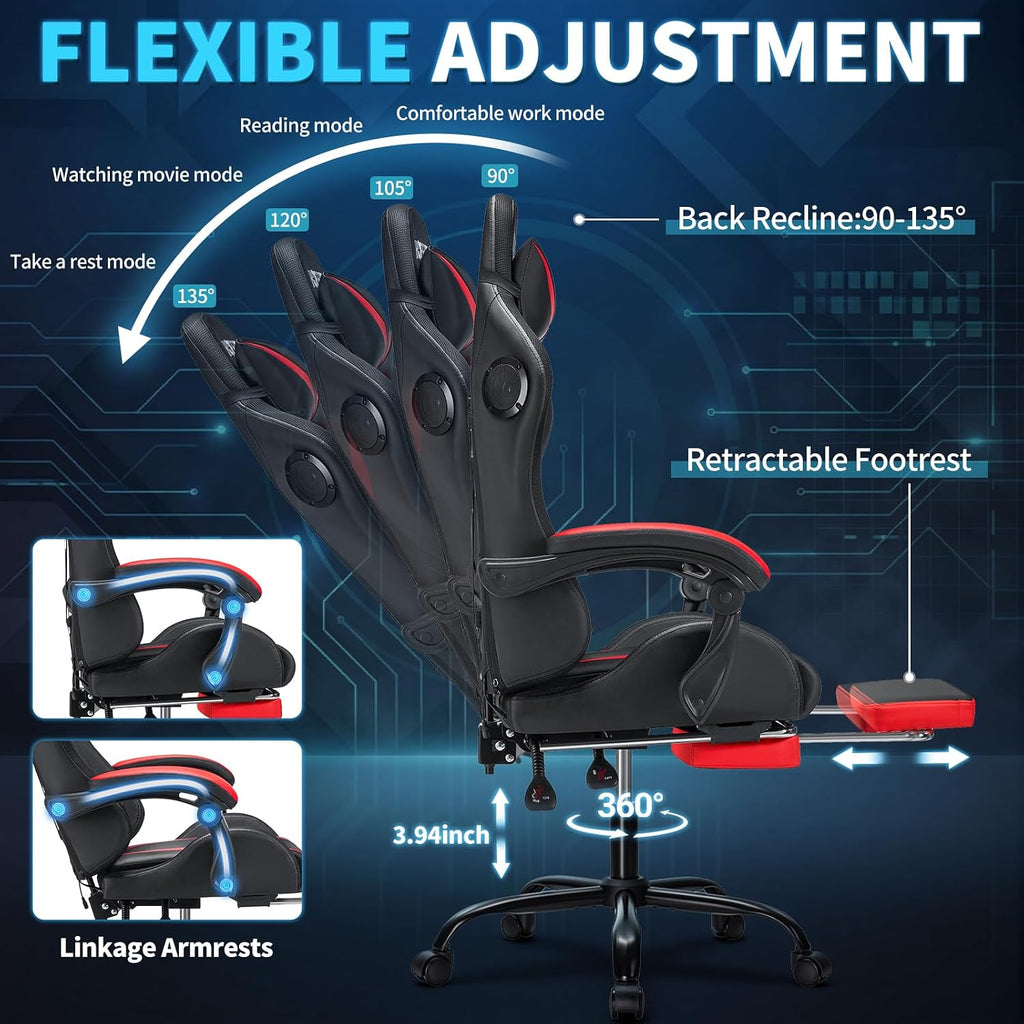 Gaming Chair with Speakers and LED Lights Ergonomic Computer Chair with Massage and Footrest Reclining Video Game Chair for Adults with Adjustable Lumbar Support Red and Black