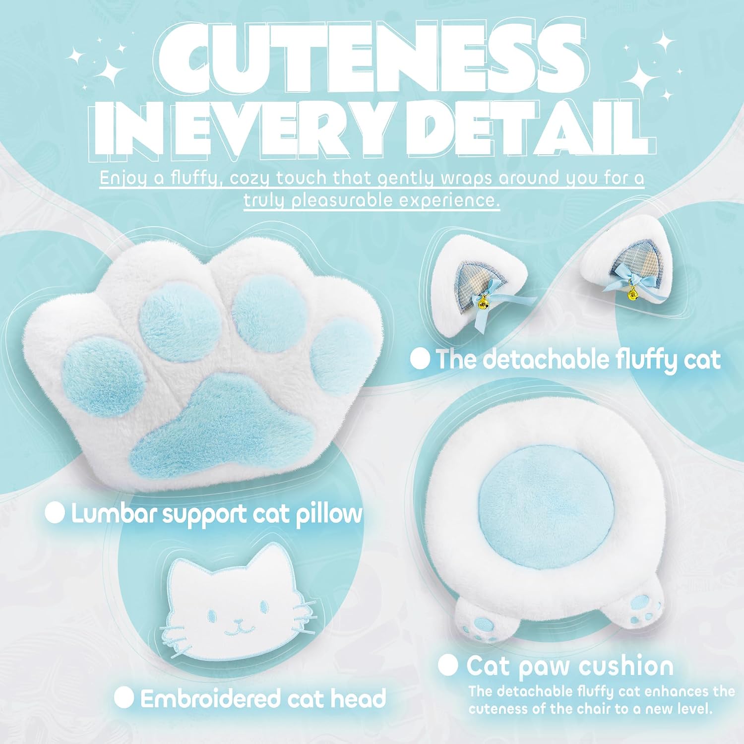 Gaming Chair Cute with Cat Ears Paw Lumbar and Cushion,Ergonomic Computer Chair with Footrest,Reclining PC Game Chair for Girl Computer Chair 300lbs for Adult Aqua Blue