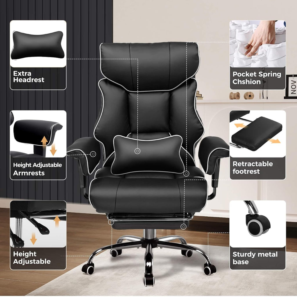 COMHOMA Big and Tall Office Chair 400lbs High Back Gaming Chair with Ergonomic Lumbar Support & Pocket Spring Cushion for Lower Back Pain Relief, Leather Executive Chair with Foot Rest, Iron Black