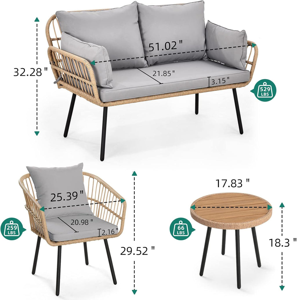 YITAHOME 4 Pieces Patio Furniture Set, Outdoor Wicker Patio Conversation Set, All-Weather Rattan Bistro Set with Loveseat Chairs Table Soft Cushions for Garden, Porch, Backyard - Grey
