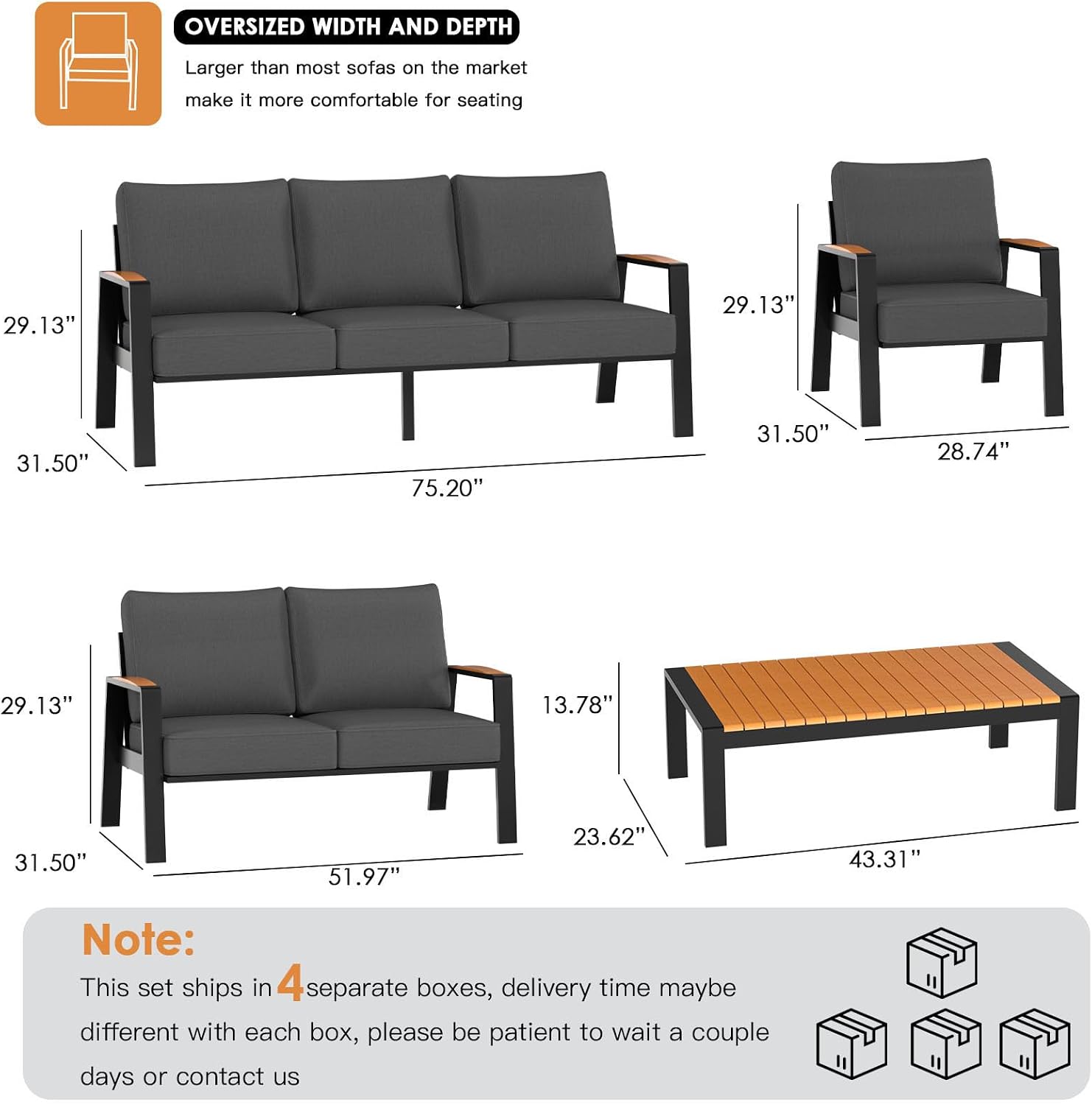 Outdoor Couch Aluminum Patio Furniture Set, All-Weather Metal 3-Seat Sofa with Solid Teak Armrest and Thick Cushions, Dark Gray