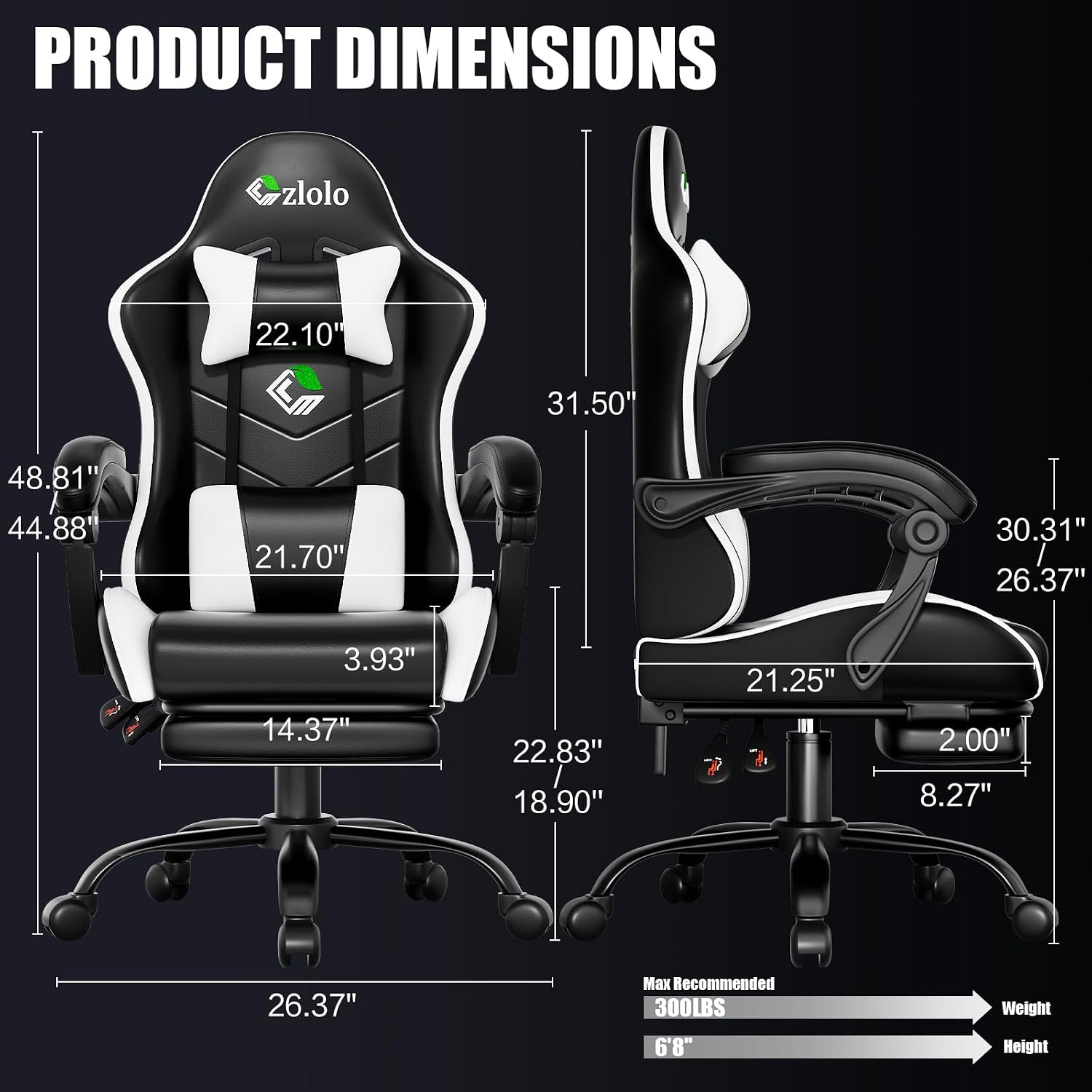 Czlolo Gaming Chair, Ergonomic Office Computer Chair with Footrest and Lumbar Support Massager Racing Style High Back Video Gamer Chair, Wide＆Thick Cushion, 90°-135° Recline, Adjustable Height, White