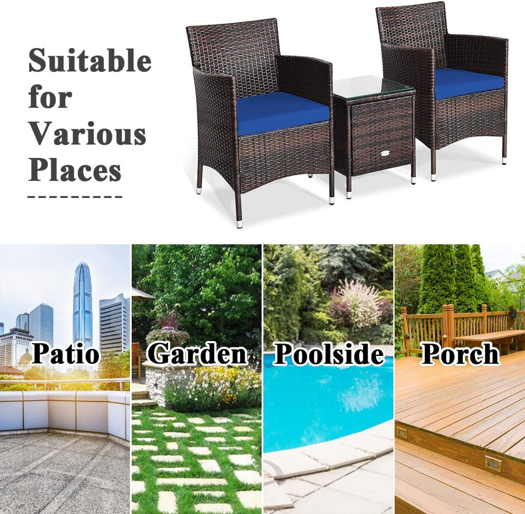 Tangkula Patio Furniture Set 3 Piece, Outdoor Wicker Rattan Conversation Set with Coffee Table, Chairs & Thick Cushions, Suitable for Patio Garden Lawn Backyard Pool (Navy)