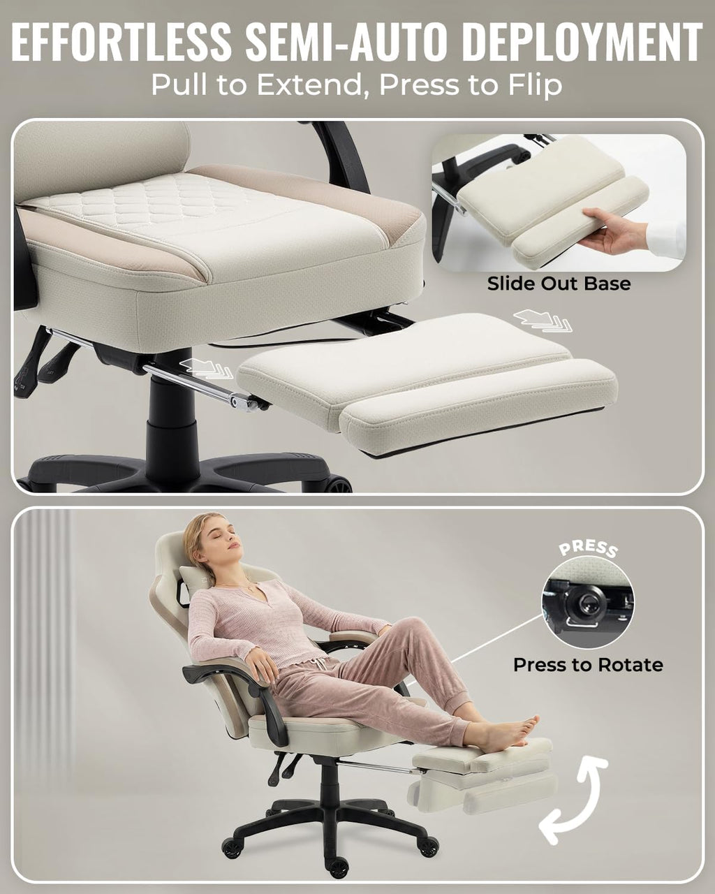 Dowinx Gaming Chair Breathable Fabric Game Chair with Gel Pad and Storage Bag, Comfortable Gamer Chair with Pocket Spring Cushion, Ergonomic Computer Chair with Footrest, Beige and Brown