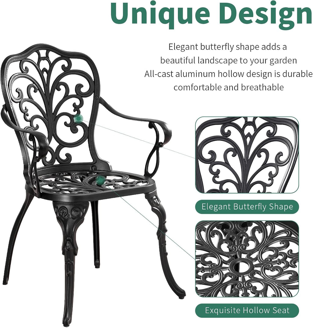 3 Piece Patio Bistro Set Cast Aluminum Bistro Table and Chairs Set of 2 with Umbrella Hole,All Weather Metal Bistro Table Set,Outdoor Patio Furniture Set for Garden(Butterfly Black)