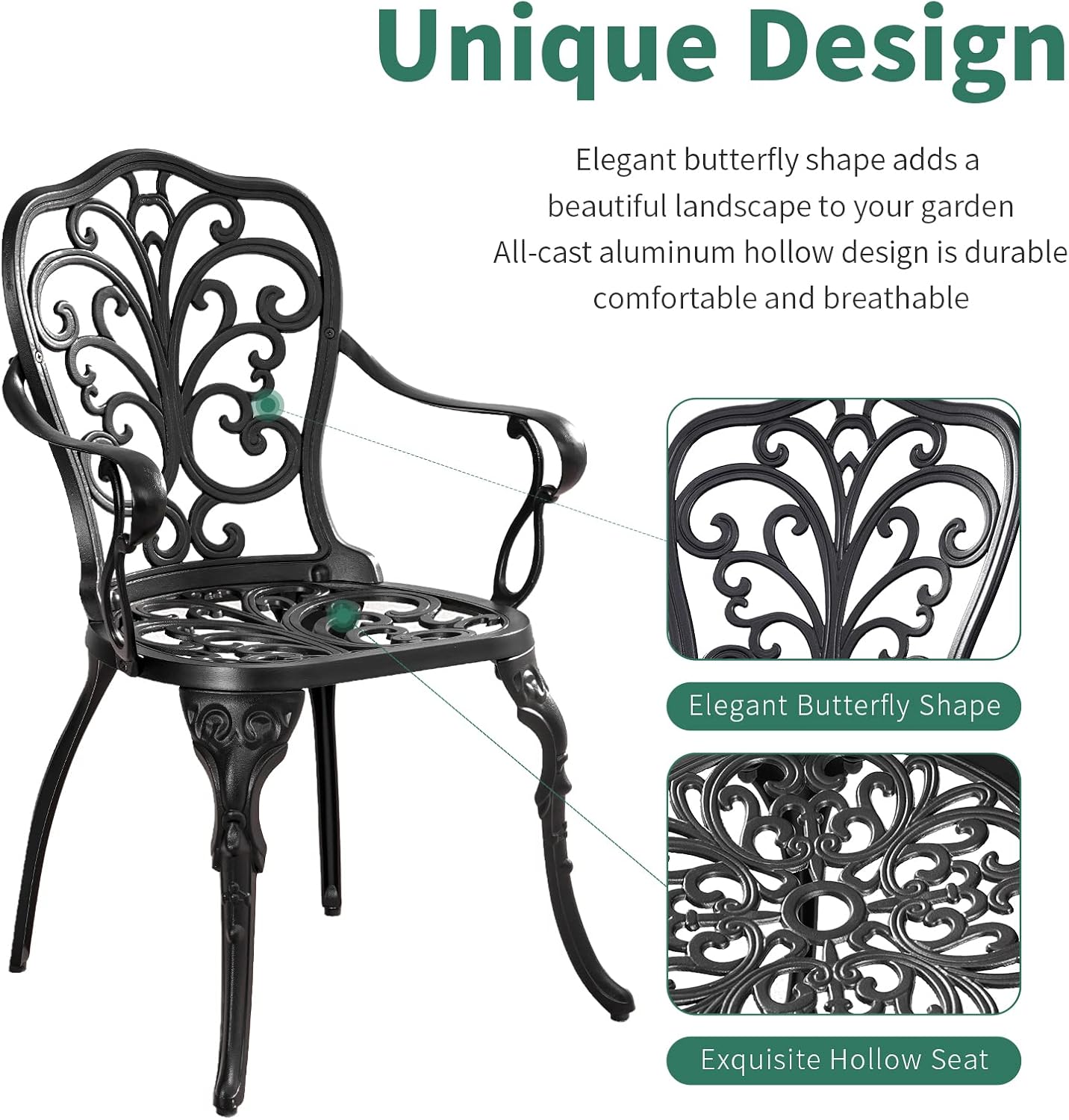3 Piece Patio Bistro Set Cast Aluminum Bistro Table and Chairs Set of 2 with Umbrella Hole,All Weather Metal Bistro Table Set,Outdoor Patio Furniture Set for Garden(Butterfly Black)
